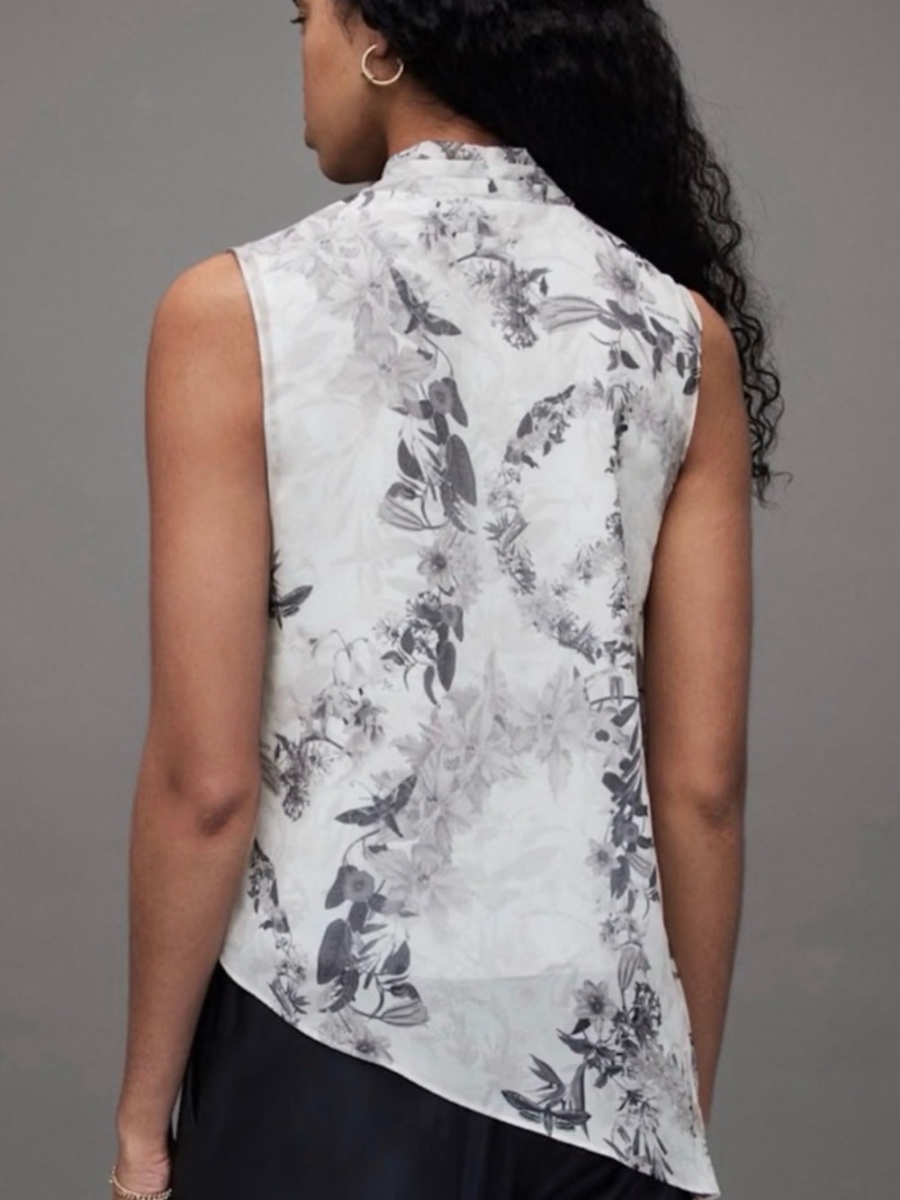 Allsaints Abi Audrey Draped Floral Print Sleeveless Top Asymmetric Mono White 6 - Picture 3 of 10